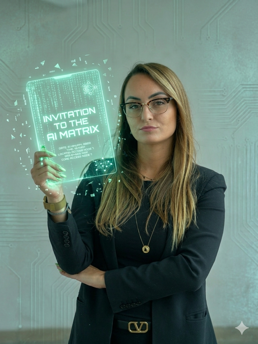 Danielle Vantini holding an Invitation to the AI Matrix