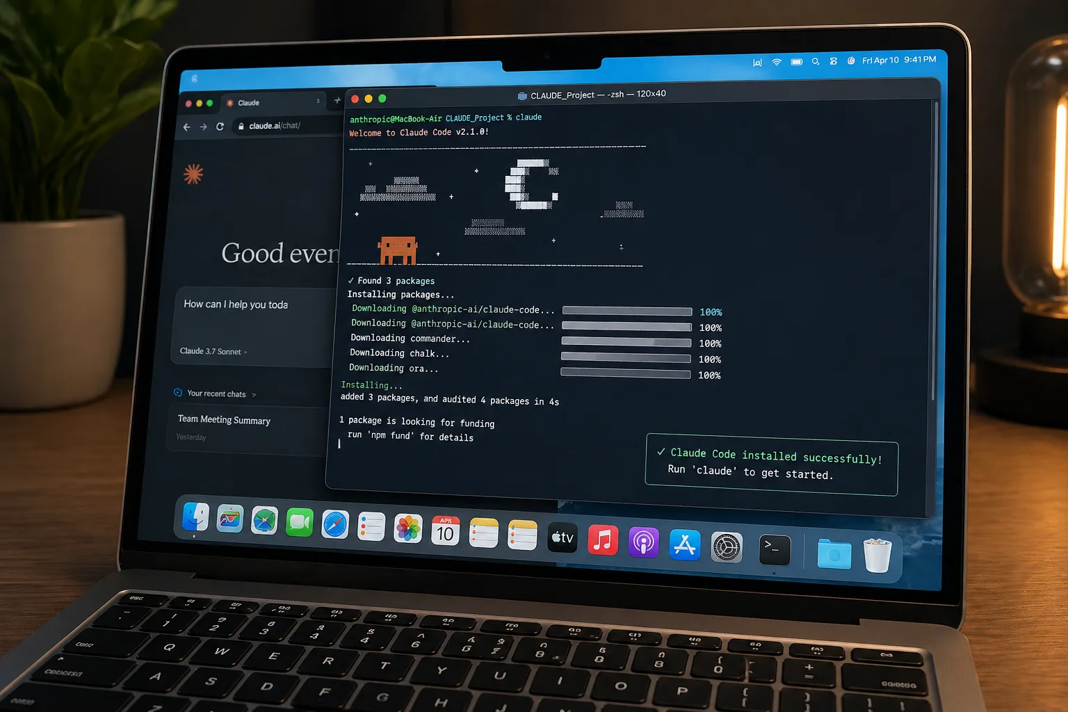 Claude Code installing successfully on a Mac — terminal showing packages downloading and installed successfully message