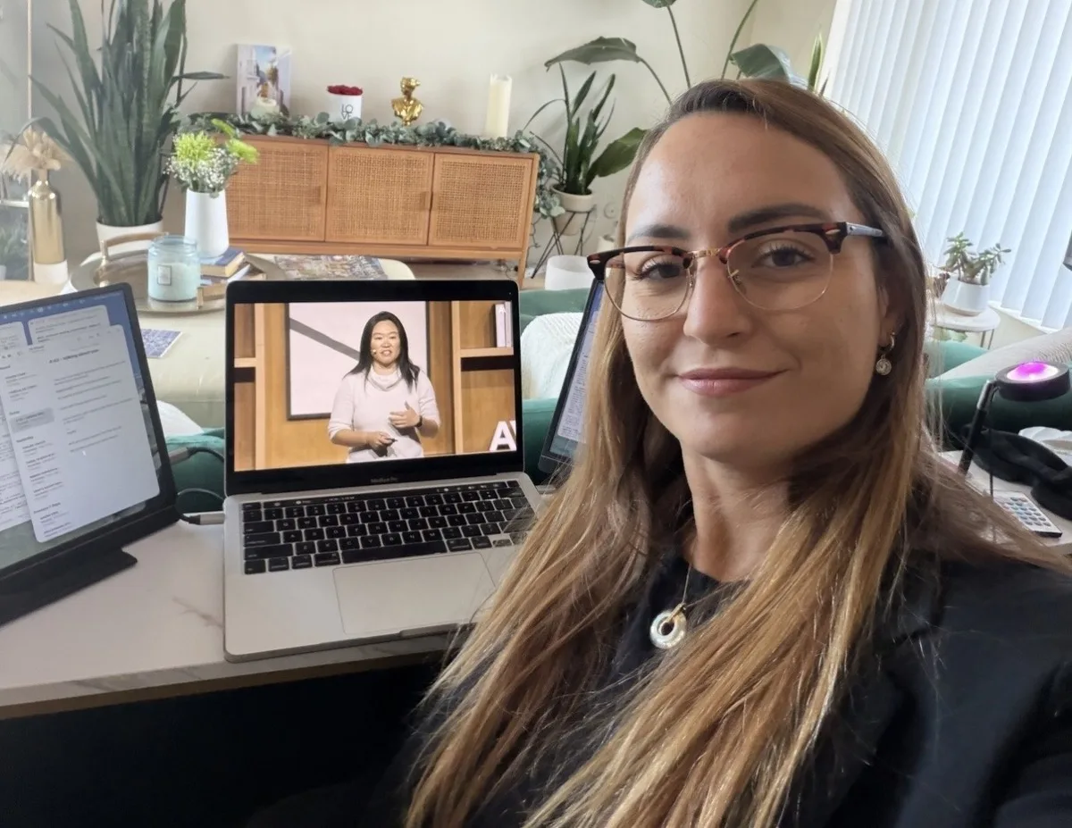 Danielle Vantini watching Code with Claude 2026 virtually from San Diego, with Angela Jiang presenting on screen