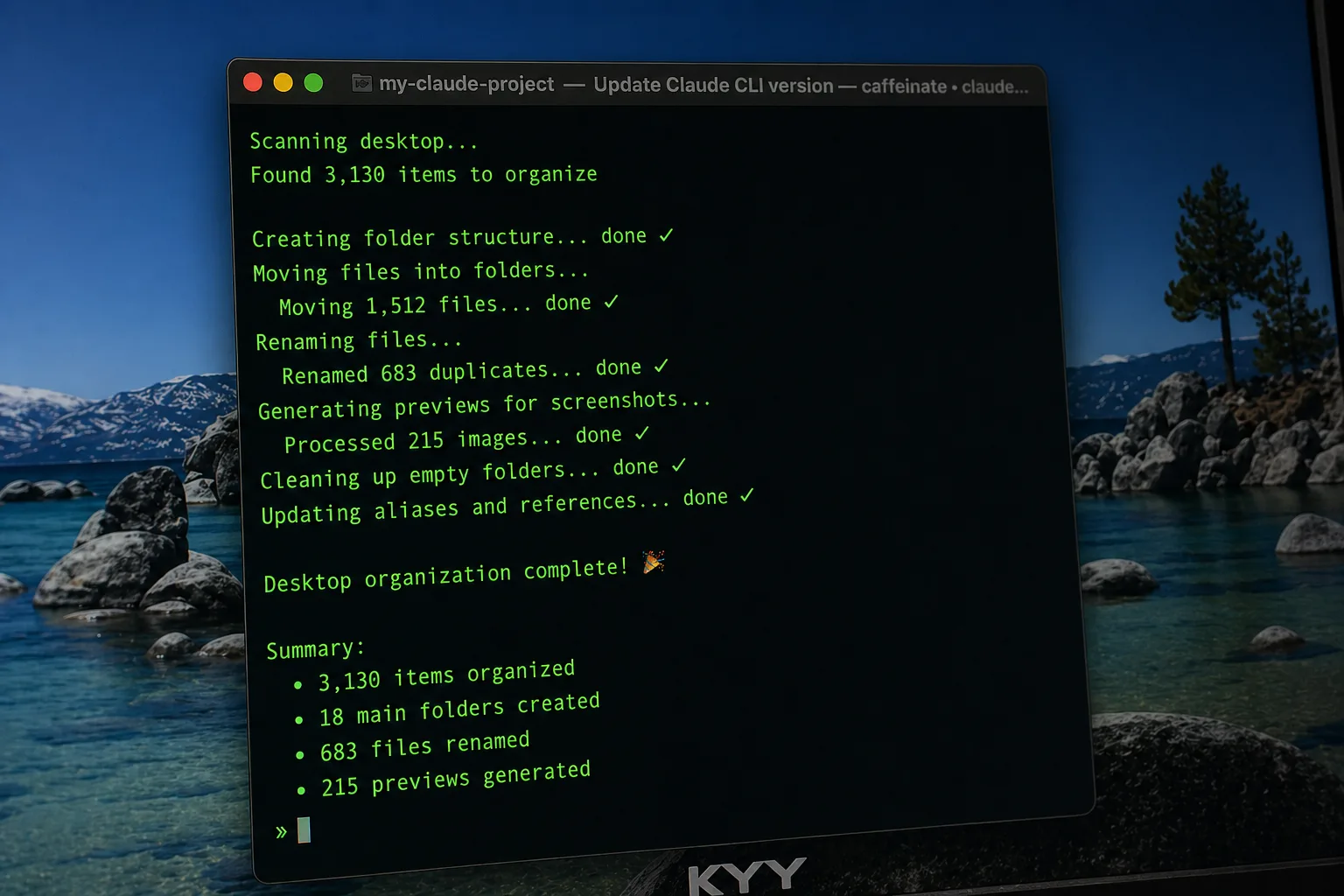 Claude Code terminal showing 3,130 items organized — desktop organization complete with summary of files moved, renamed, and processed