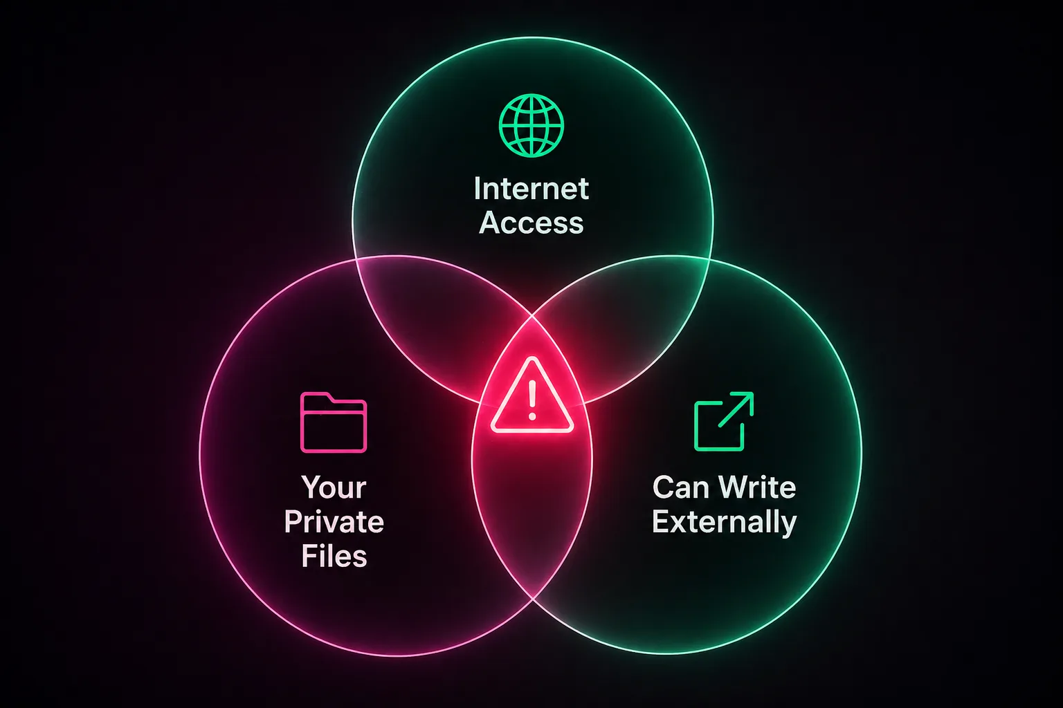 The Lethal Trifecta — Venn diagram showing Internet Access, Your Private Files, and Can Write Externally overlapping in a dangerous red zone