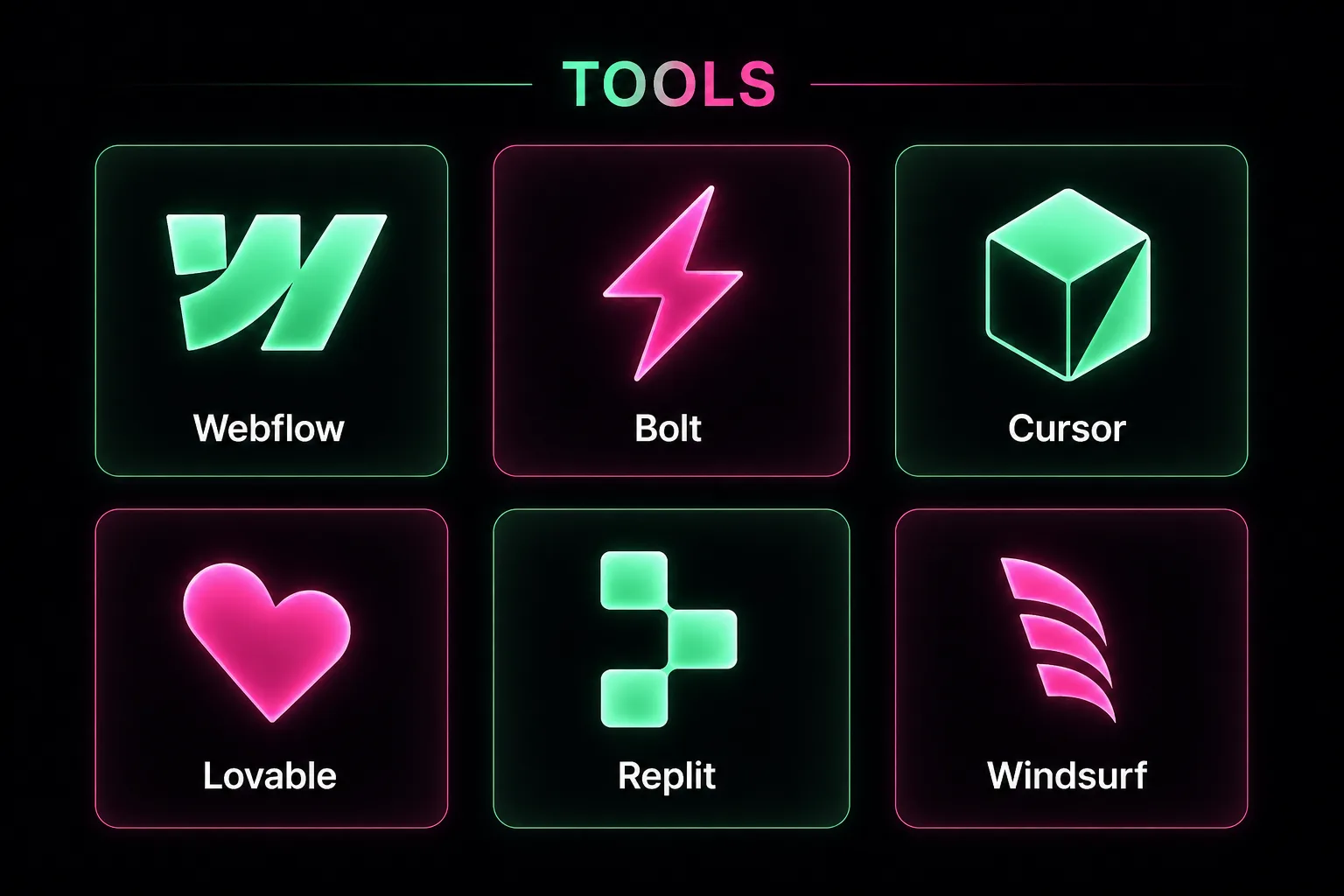 The main vibe coding tools: Webflow, Bolt, Cursor, Lovable, Replit, Windsurf