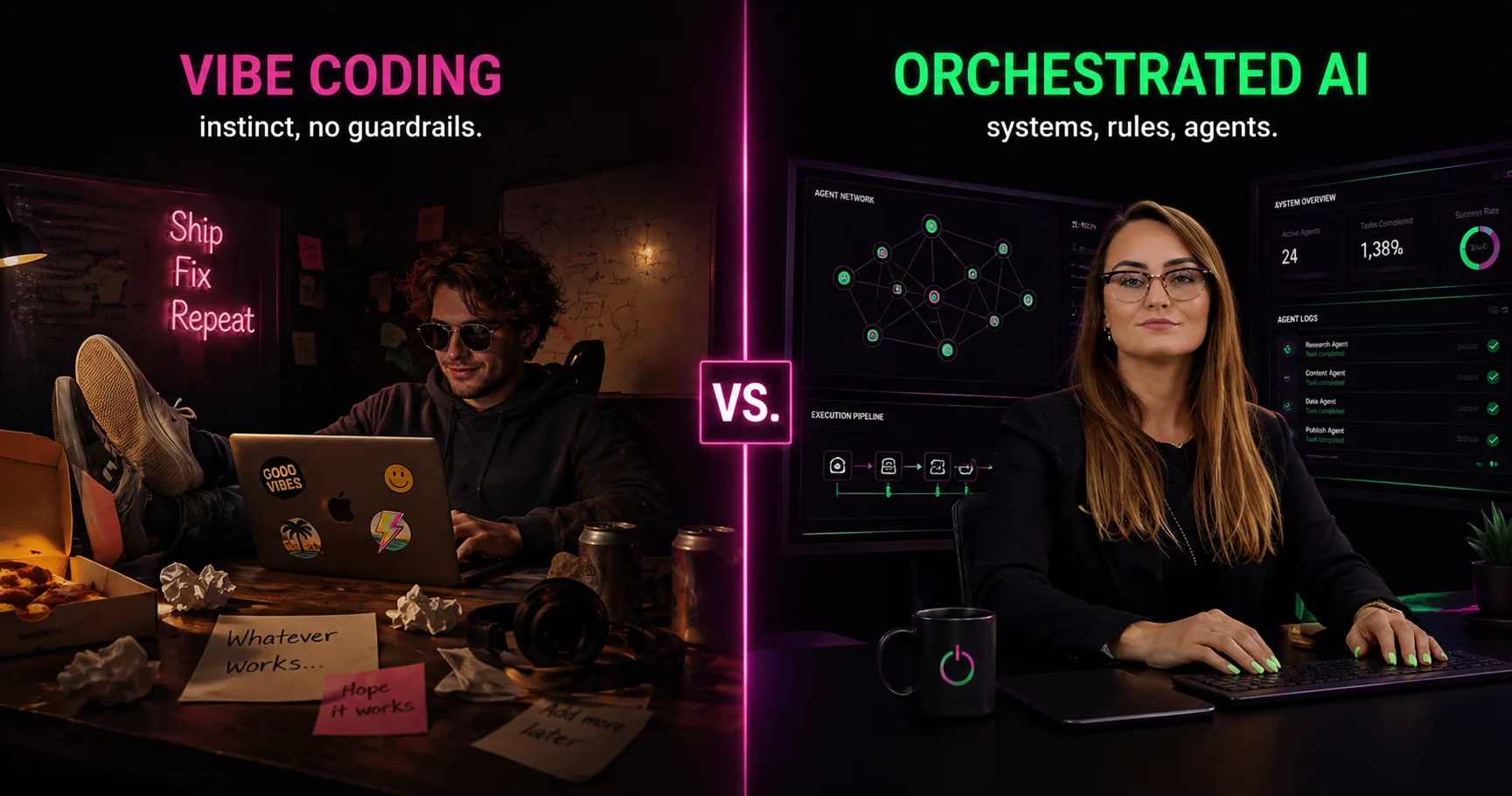 Vibe Coding vs Orchestrated AI — instinct and no guardrails on the left, systems rules and agents on the right