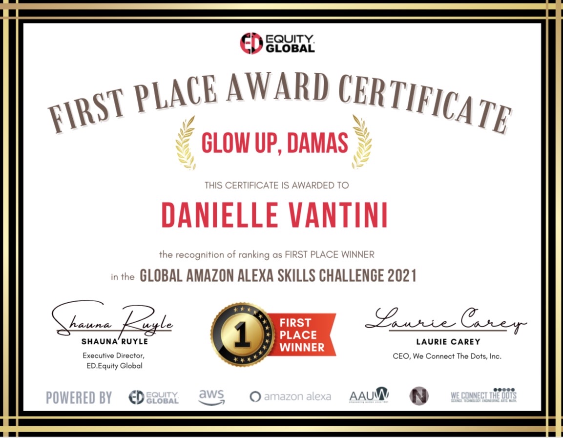 1st Place Certificate — Global Amazon Alexa Skills Challenge 2021