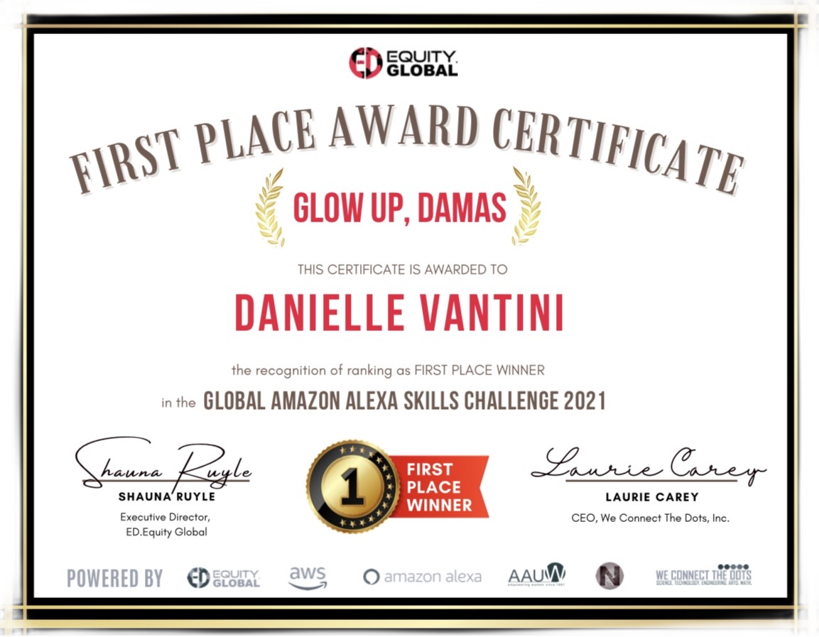 First place certificate — Global Amazon Alexa Skills Challenge 2021, Danielle Vantini, Glow Up Damas