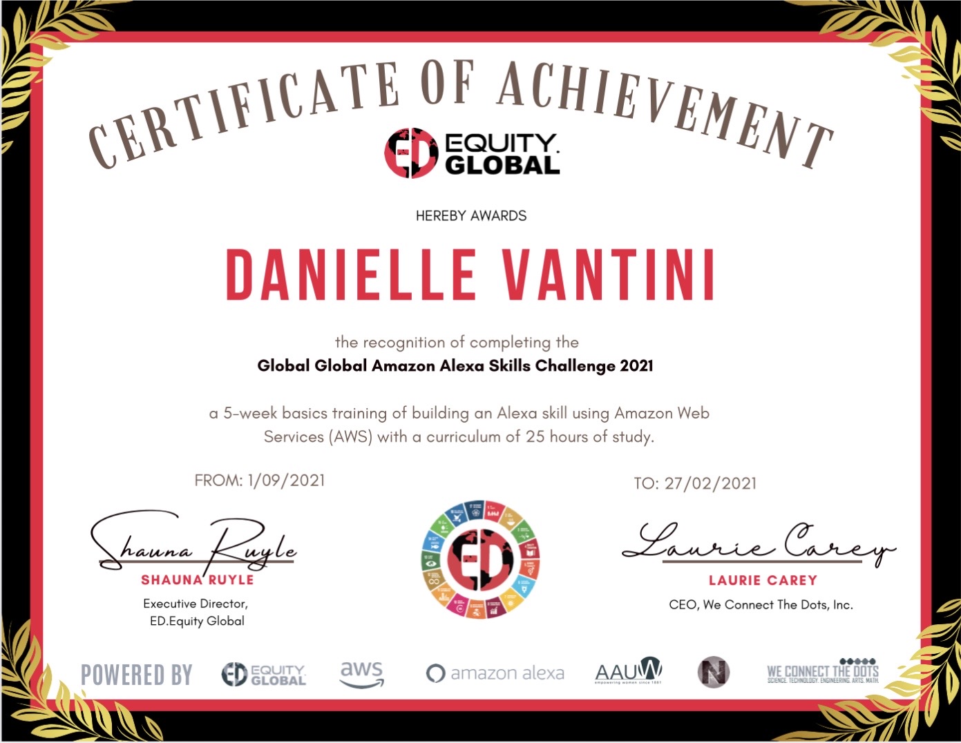 AWS Certificate of Achievement — Danielle Vantini, Alexa Skills Kit training, 2021