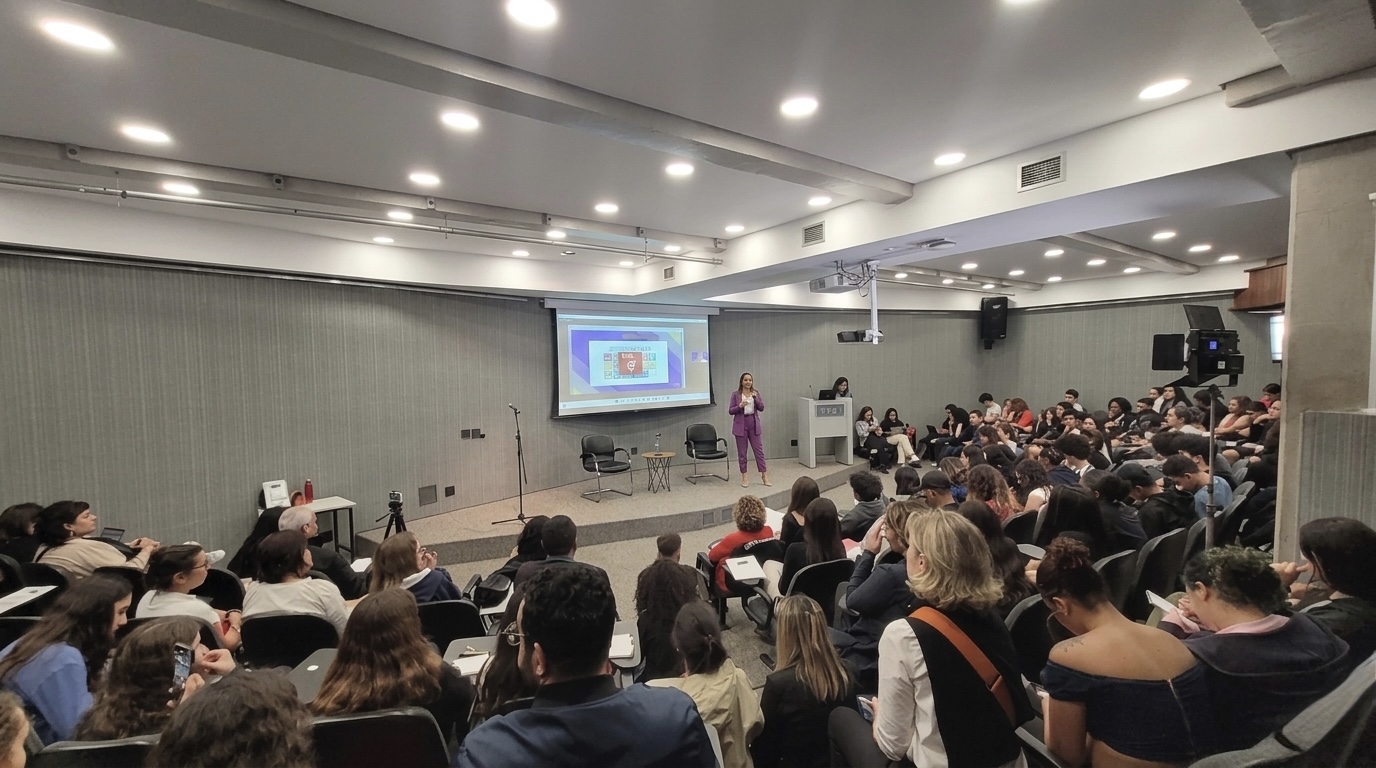 300+ students at ESPM Brazil auditorium during Danielle Vantini keynote