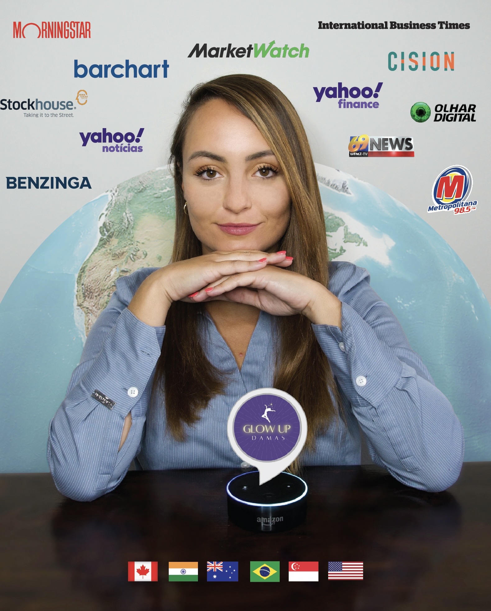 Danielle Vantini with the Amazon Echo and Glow Up Damas — global media coverage including Yahoo Finance, MarketWatch, Morningstar, Olhar Digital, and more, with flags from Canada, India, Australia, Brazil, Singapore, and the US