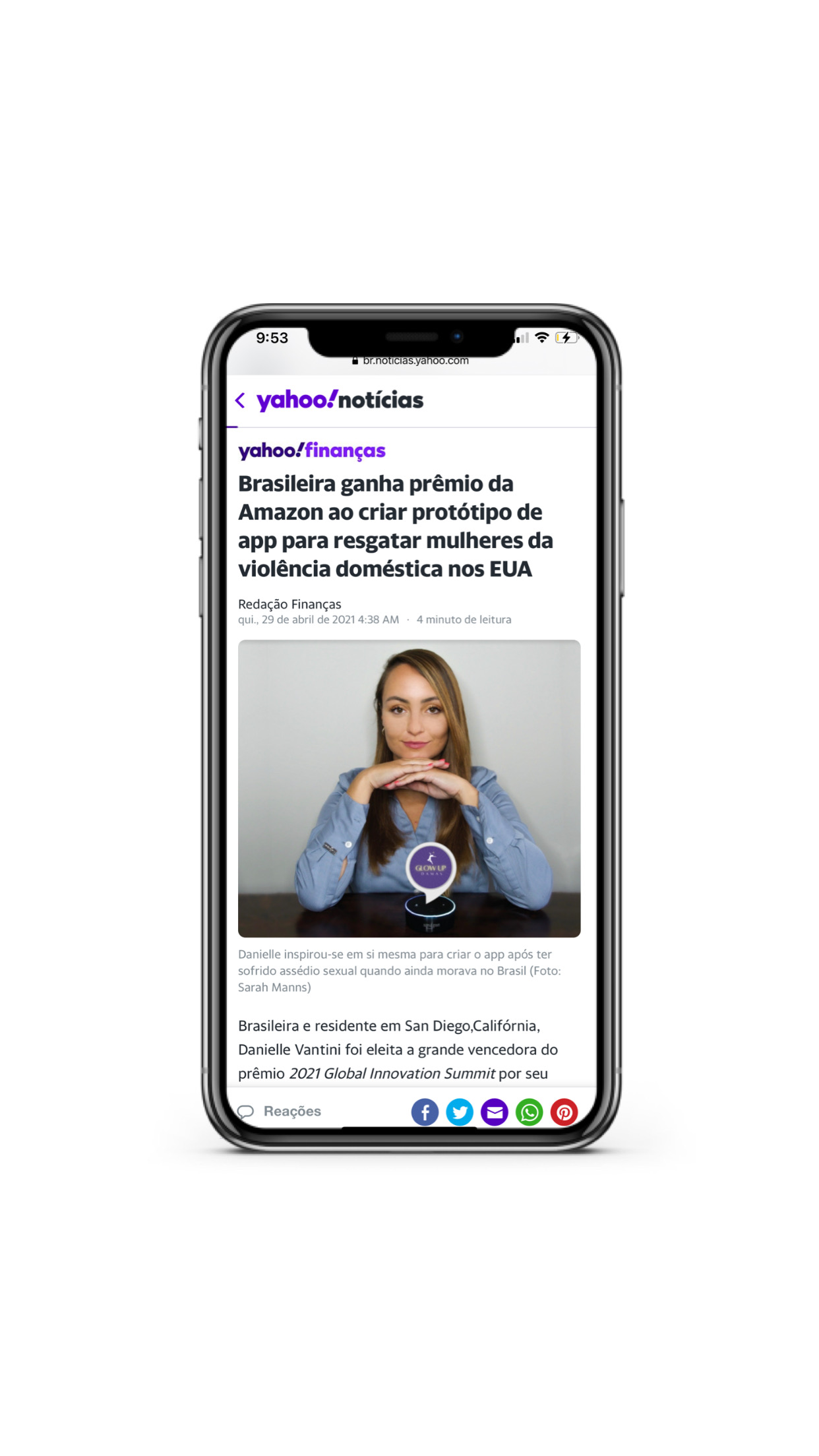 Danielle Vantini — Yahoo Finanças Brasil Portuguese-language coverage with photo, 2021 Global Amazon Alexa Skills Challenge