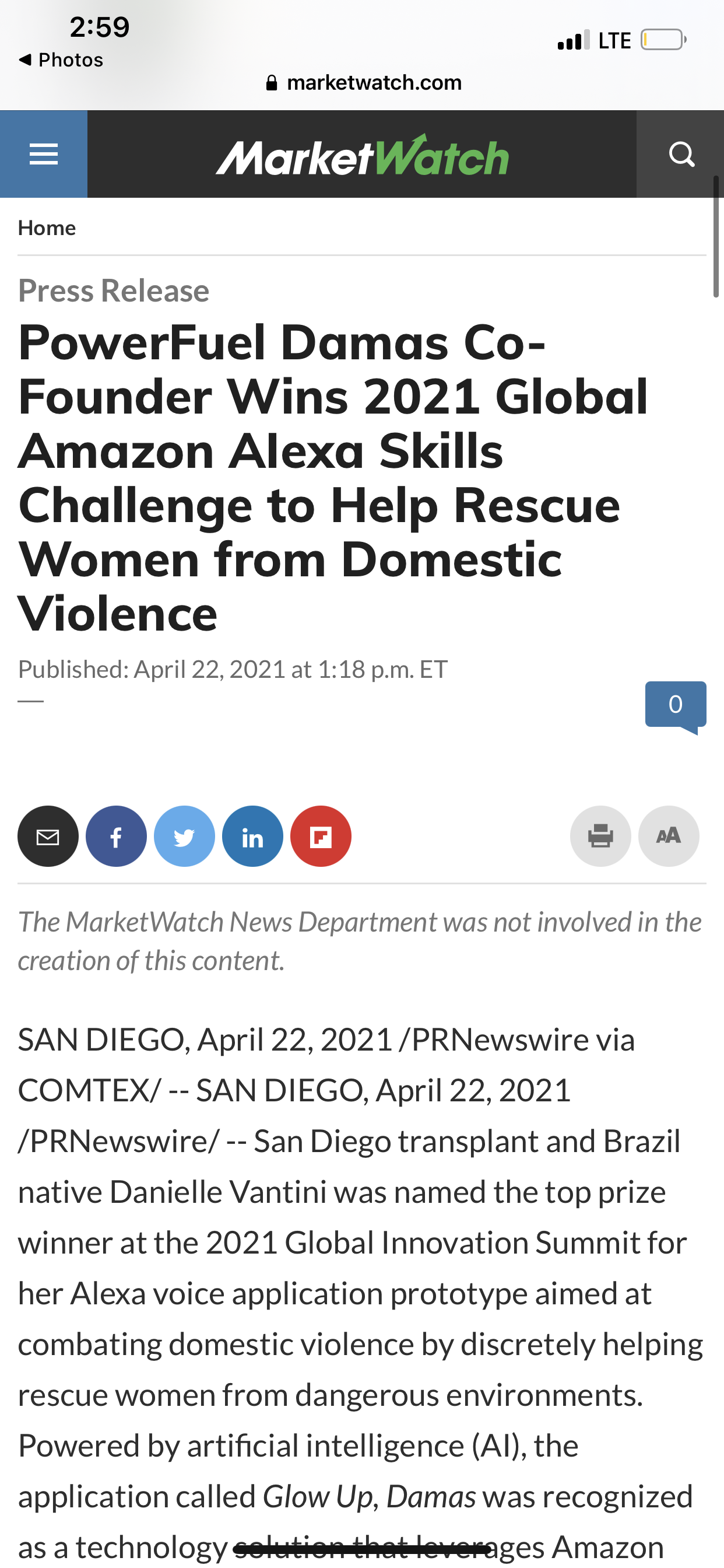Danielle Vantini — MarketWatch press release on 2021 Global Amazon Alexa Skills Challenge win