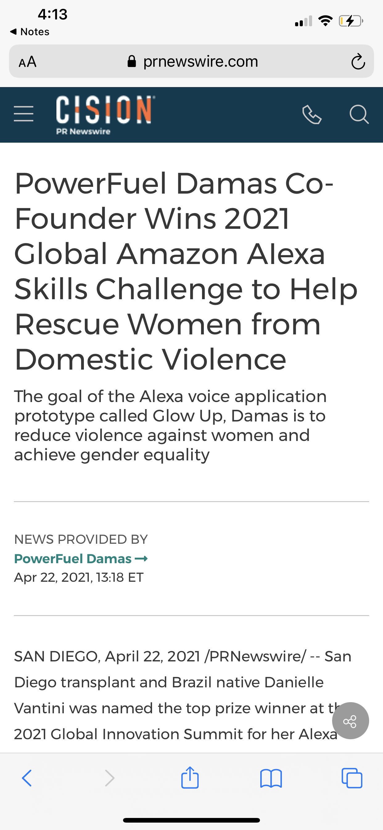 Danielle Vantini — PR Newswire press release on 2021 Global Amazon Alexa Skills Challenge, April 22, 2021