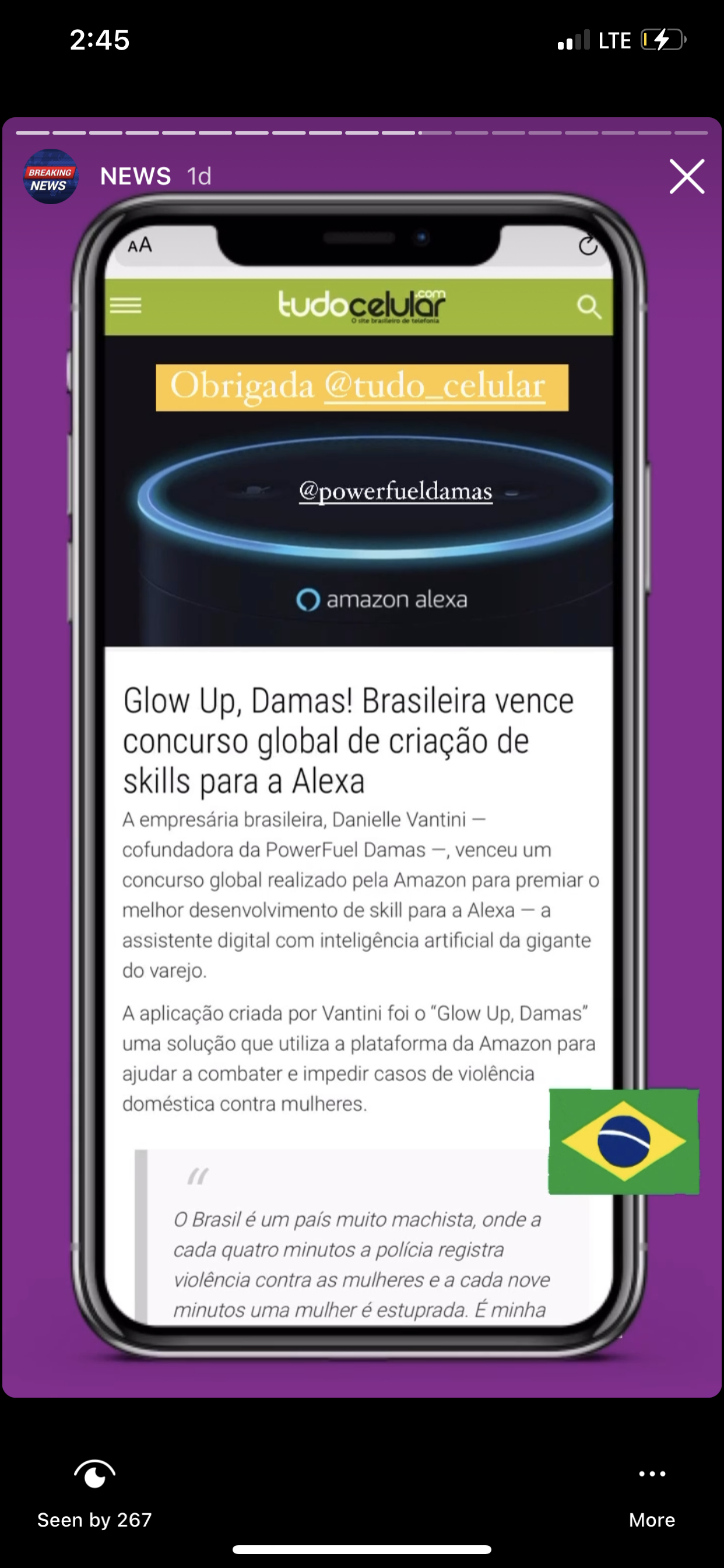 TudoCelular Instagram story celebrating Danielle Vantini and PowerFuel Damas winning 2021 Global Amazon Alexa Skills Challenge