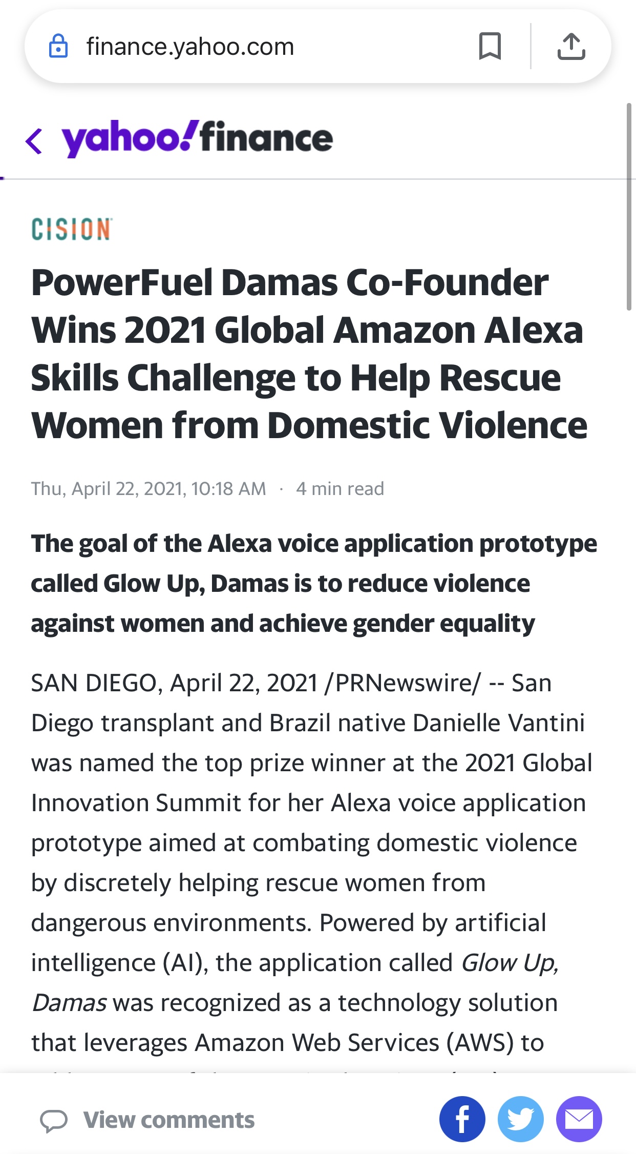 Danielle Vantini — Yahoo Finance coverage of 2021 Global Amazon Alexa Skills Challenge win